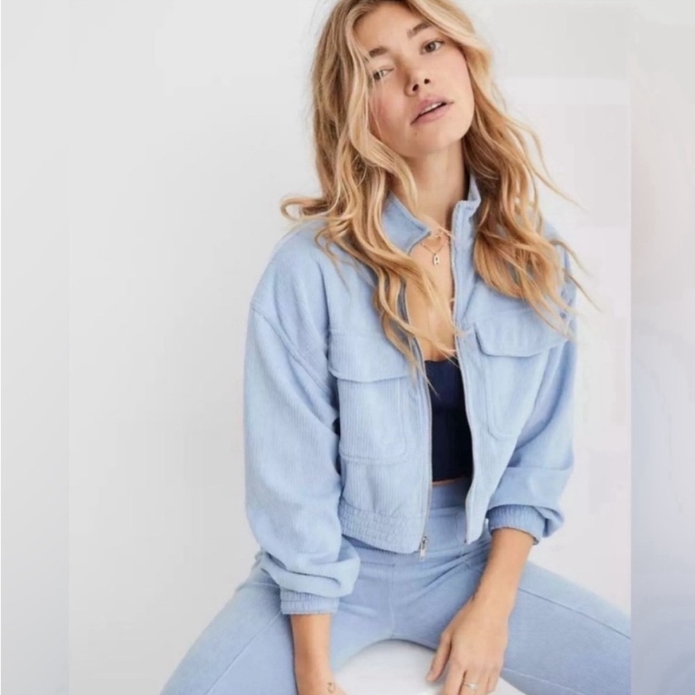 Aerie Groove On Velour Corduroy Cropped Zip Up Jacket Light Blue Size Medium